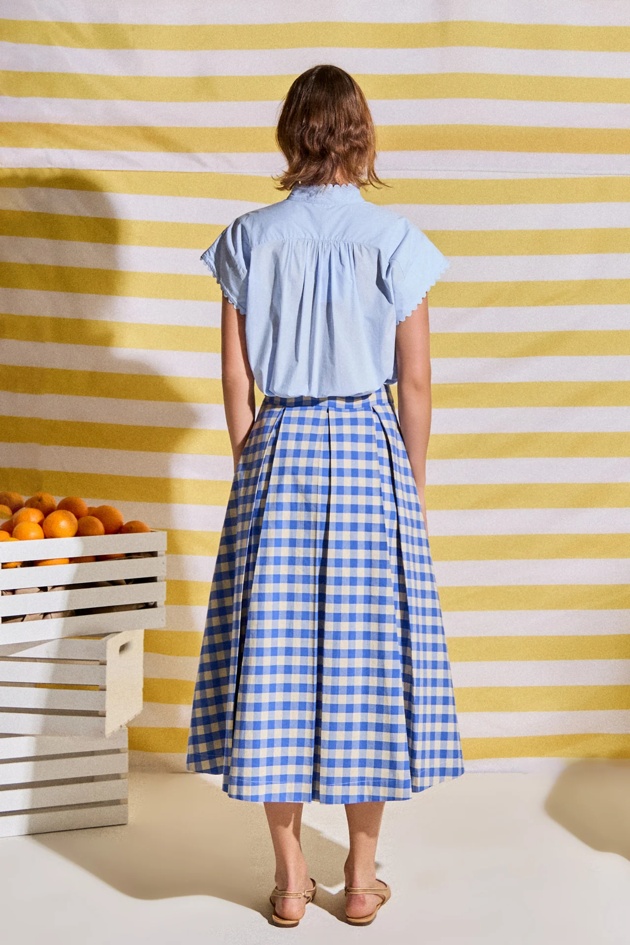 Linen Checked Pleated Midi Skirt - Image 4