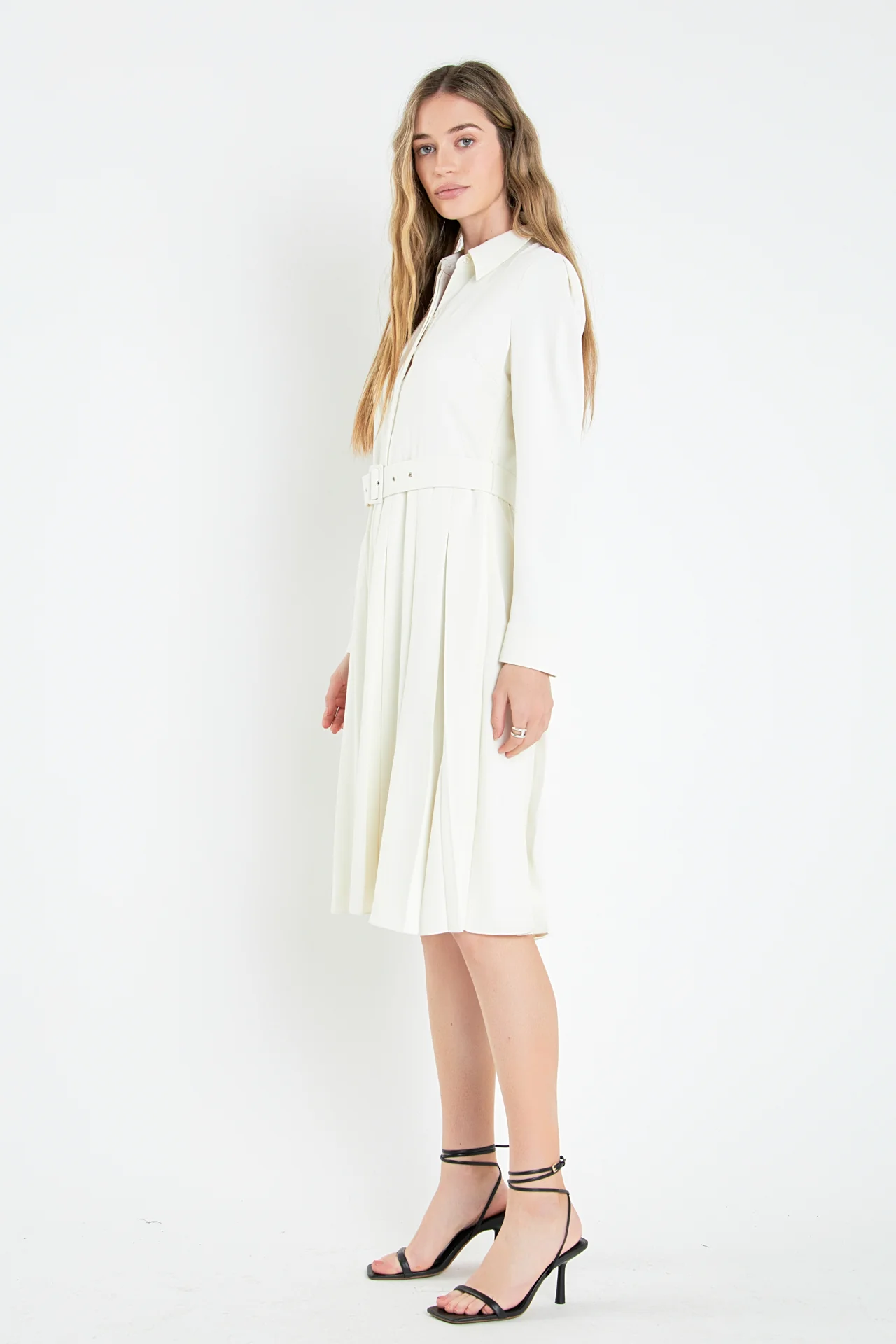 Pleated Collared Long Sleeve Midi Dress - Image 13